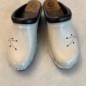 White Leather Clogs with Black Trim